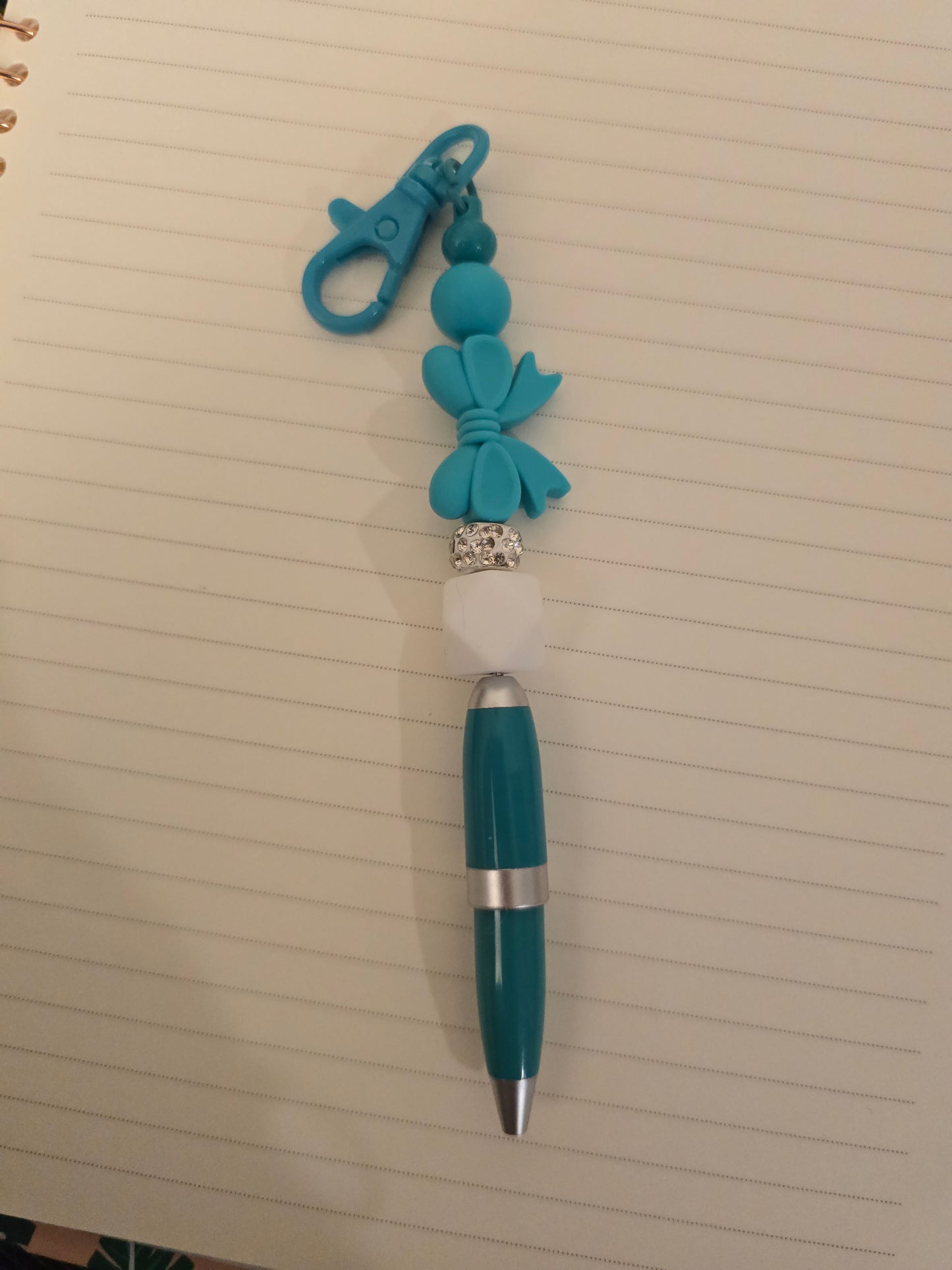 Clip-on Beaded Pen- Teal Bow