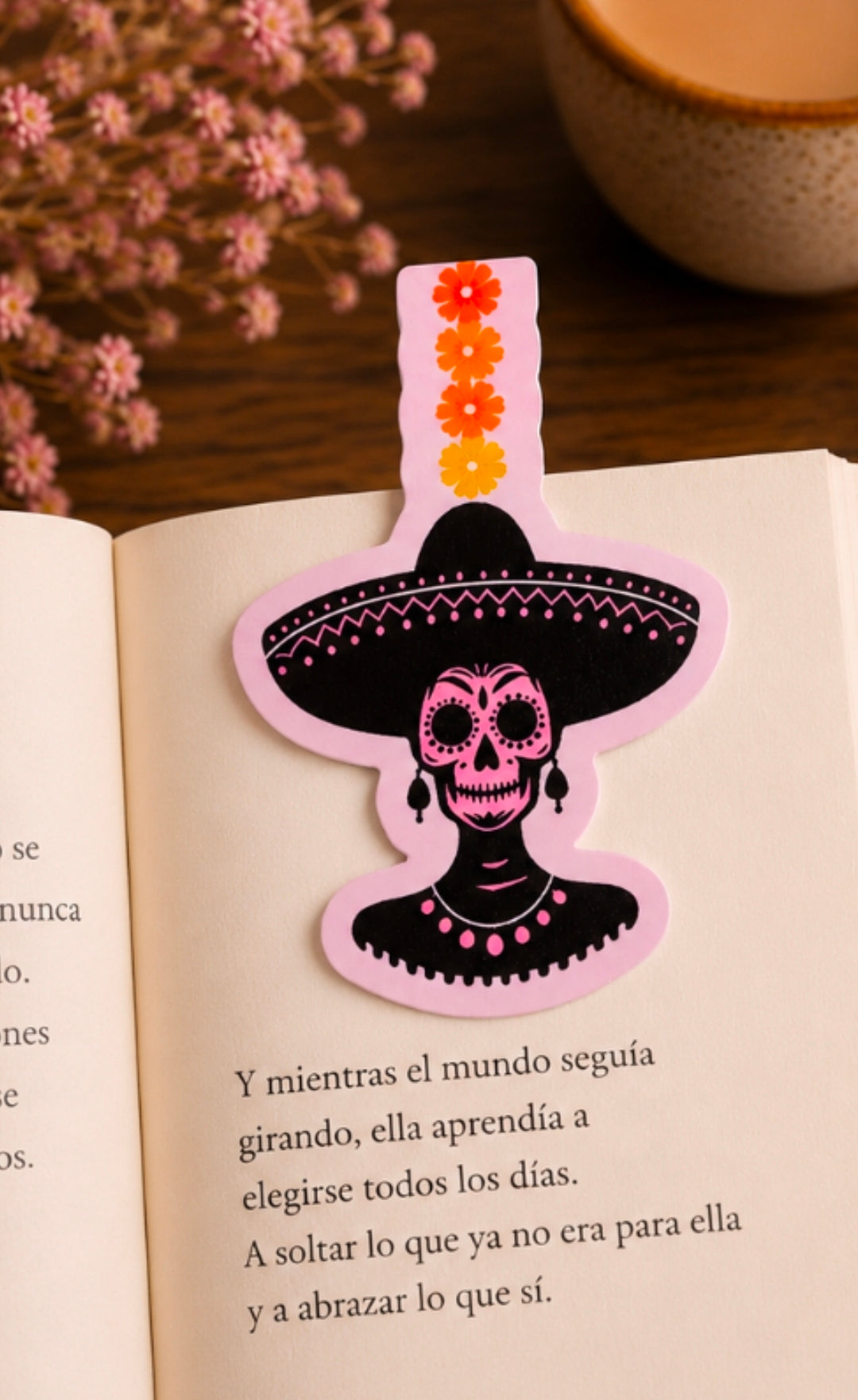 Catrina Magnetic Bookmark | Floral Skull Magnetic Page Marker | Pink or Blue
