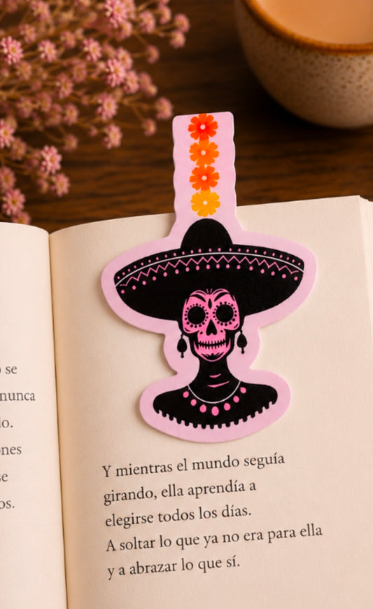Catrina Magnetic Bookmark | Floral Skull Magnetic Page Marker | Pink or Blue